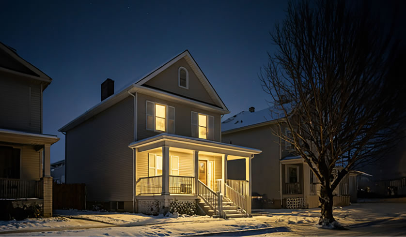 Image of a house at night, in a lightning storm, with its power still on